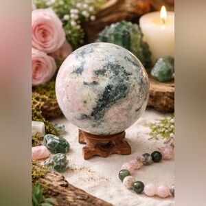 Natural Pink Opal & Green Tourmaline Crystal Ball Positive Energy Sphere 302g